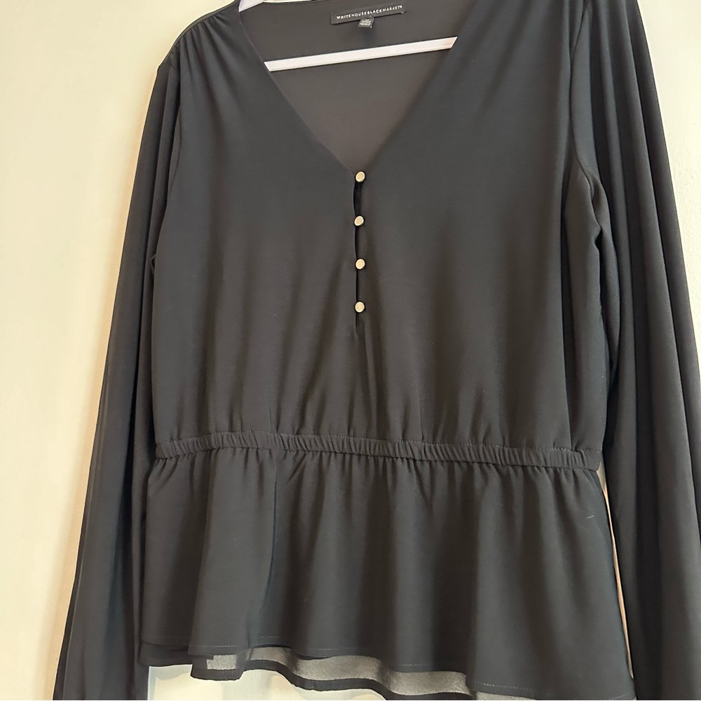 WHBM | Black Button Front Chiffon Long Sleeve Stretch Blouse Sz M - Picture 8 of 8